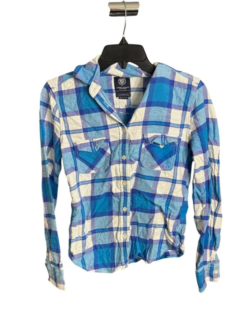 American Eagle Flannel Button Down Favorite Fit Blue White Plaid Size XS